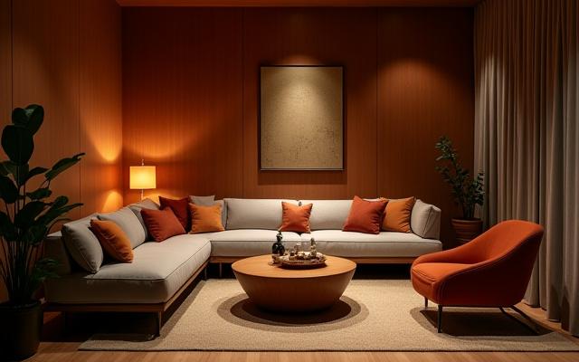 Zona de descanso cómoda y moderna con sofá y mesa de centro en un estudio.