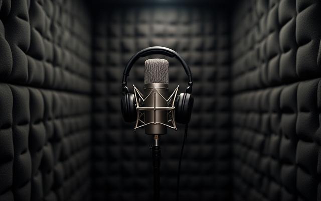 Cabina de locución insonorizada con micrófono de condensador de diafragma grande.