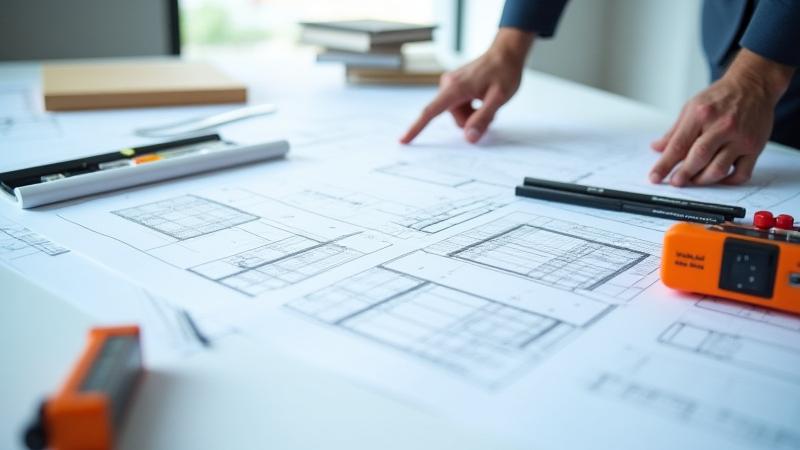 Planos y herramientas de medición acústica sobre una mesa en un estudio recién diseñado.