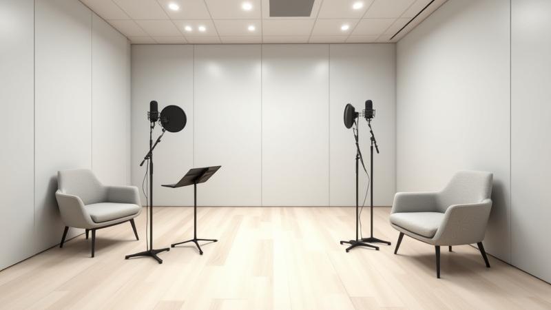 Espacio de estudio de grabación limpio y profesional, listo para ser alquilado.